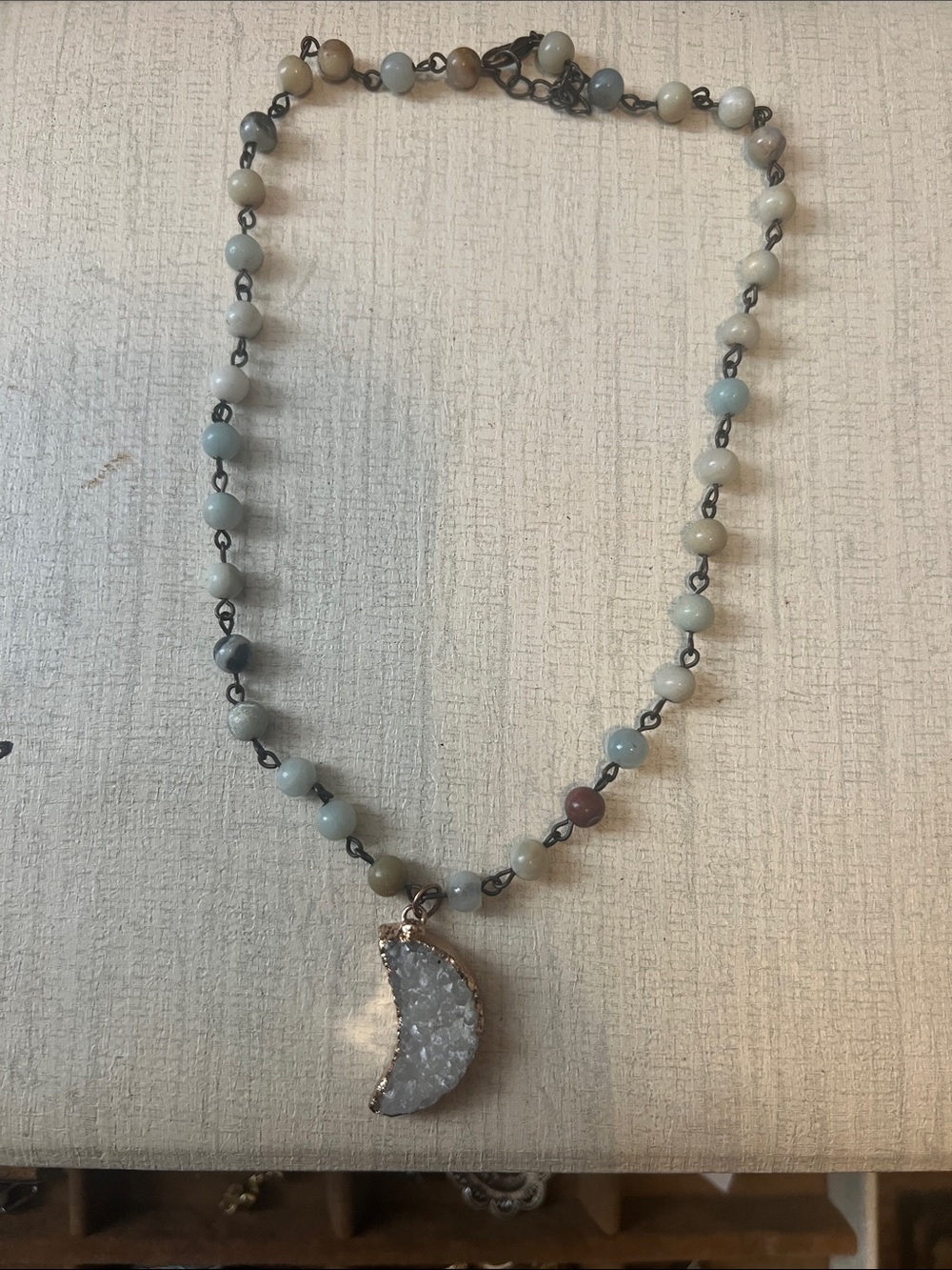 Genuine Gemstone Beaded Moon Druzy Pendant Necklace - Multicolor